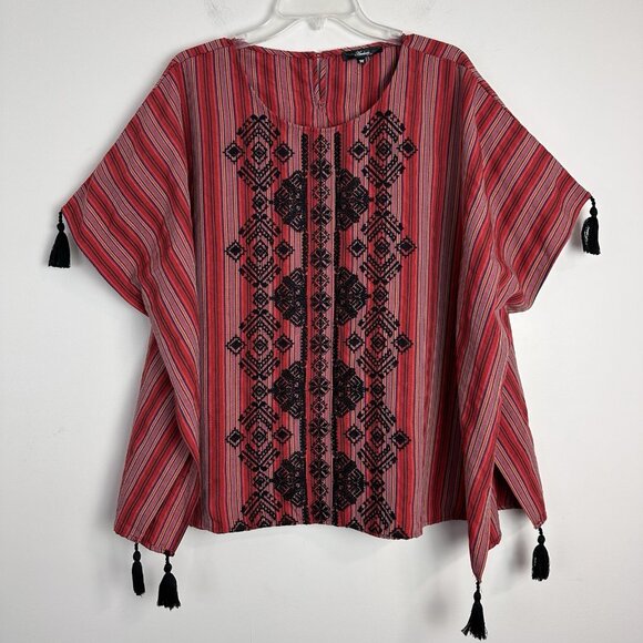 Andree by Unit Embroidered Red Black Poncho Top With Tassels Women Size Med Boho - Picture 1 of 11